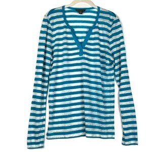 Tommy Bahama Top Size M Turquoise White 100% Linen Stripe Long Sleeve Tee